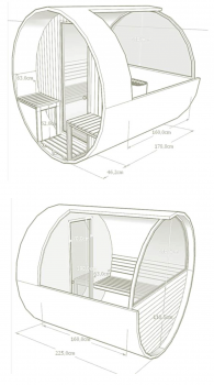 Saunafass VMS-RT-225  Höchstes Level der Saunafass-Produktion.   4 Personen Holzart: Thermoholz Form: Rund Dimensions: 225 x 230 x 230 cm Saunaraum: 156 cm / 8,2 m3 Terrasse: 50 cm Wandstärke: Thermoholz 42 mm Saunatüre: 8 mm getöntes Glas 70 x 190 cm Gew