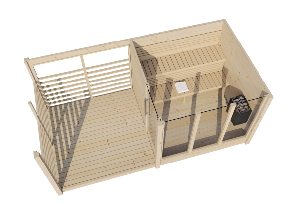 ANITA OUTDOORSAUNA Modular Sauna  Fichte  Modular aufgebaut Gesamthöhe: 237 cm Höhe bis First: 211 cm Fläche: 4 m2 Wandstärke 42 mm Fenstergröße: m getönt Türgröße: 69 x 169 cm Flächenbedarf: 419 x 207 cm