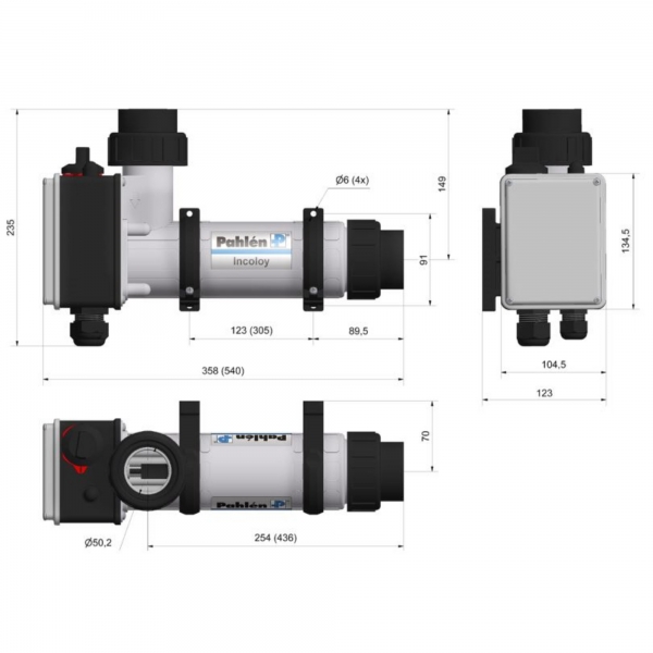 Elektroheater    Elektroheizer aus Kunststoff / Incoloy 6kW - nicht digital Das Gehäuse des Pahlen Elektroheizer besteht aus glasfaserverstärktem Polypropylen mit Heizstab aus Incoloy (für Chlorwasser/ Schwimmbadwasser)  Eigenschaften:  Temperaturbereich