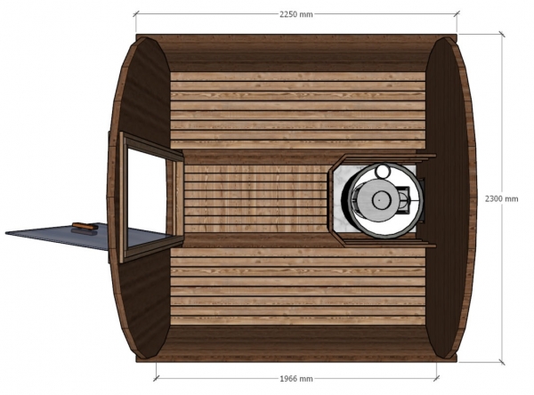 Saunafass VMS-R-225  Höchstes Level der Saunafass-Produktion.   4 Personen Holzart: Thermoholz Form: Rund Dimensions: 225 x 230 x 230 cm Saunaraum: 196 cm / 8,2 m3 Wandstärke: Thermoholz 42 mm Saunatüre: 8 mm getöntes Glas 70 x 190 cm Gewicht:  840 kg Opt