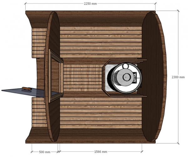 Saunafass VMS-RT-225  Höchstes Level der Saunafass-Produktion.   4 Personen Holzart: Thermoholz Form: Rund Dimensions: 225 x 230 x 230 cm Saunaraum: 156 cm / 8,2 m3 Terrasse: 50 cm Wandstärke: Thermoholz 42 mm Saunatüre: 8 mm getöntes Glas 70 x 190 cm Gew