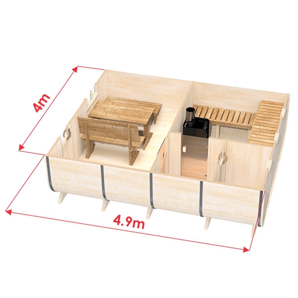 Saunafass Discount OVAL 7  Fichte / Thermoholz Fass (Stärke 40 mm) Bänke aus Thermoholz Eingangstür aus Holz mit Klarglas und Schloss Innentüren: 2 Glastüren (gehärtetes bräunliche Glas) und 1 Holztür (ohne Fenster) Dekorative Umrandung: vorne und hinten